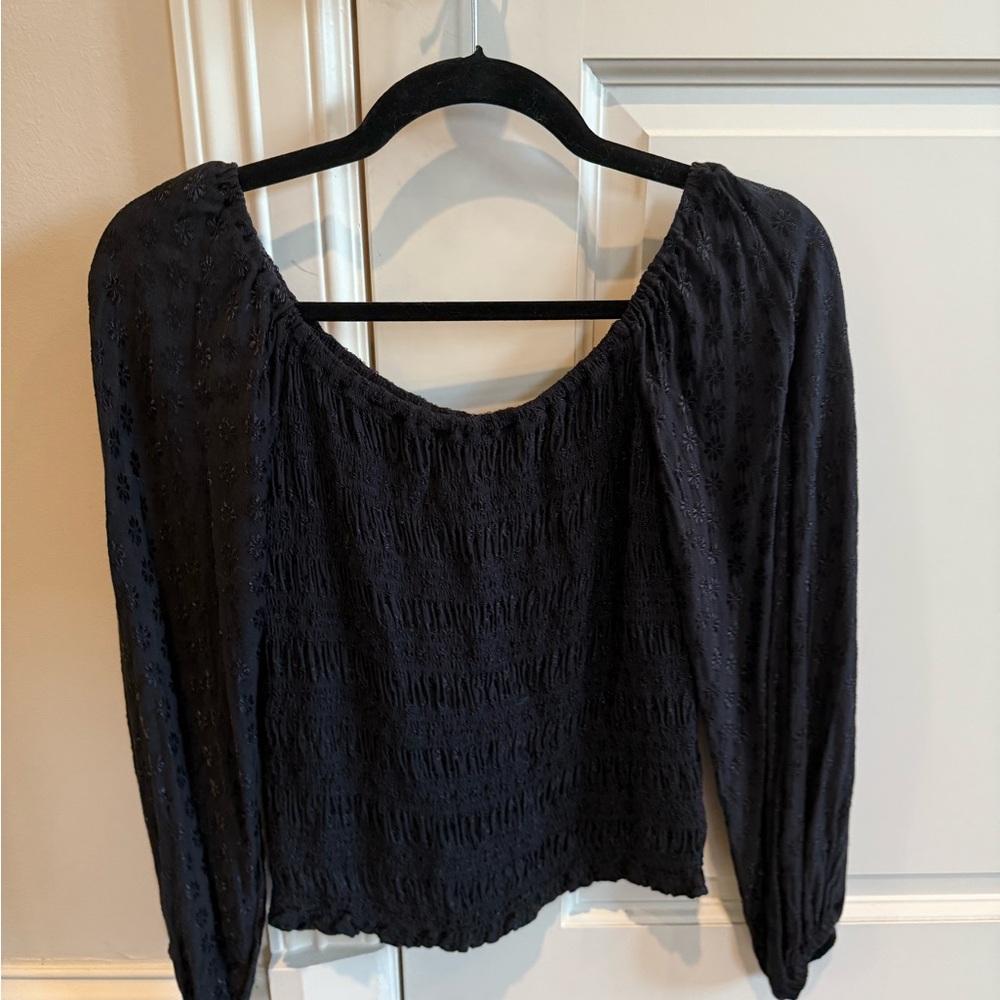 Express Black Smocked Puff Sleeve Blouse